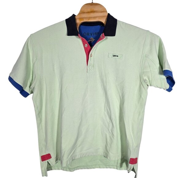 Orvis Mens Polo Shirt Colorblock Green Blue Trim Short Sleeve L‎ - Picture 2 of 6